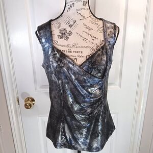 NWOT Lindor Women's Silver Blue Sleeveless Formal Top Pleated Crisscross Size M